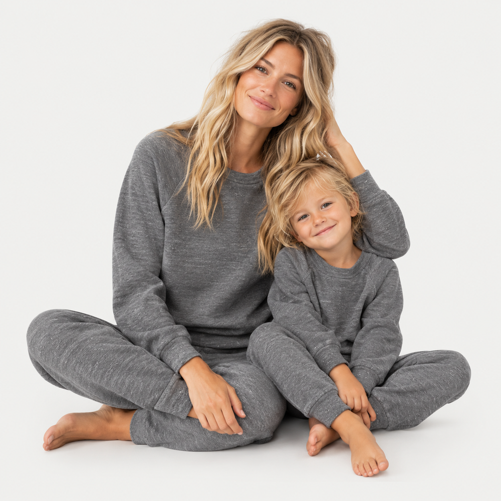 Mom wearing PAIGELAUREN Heathered Gray Vintage Fleece Sweatshirt and Sweatpant Set