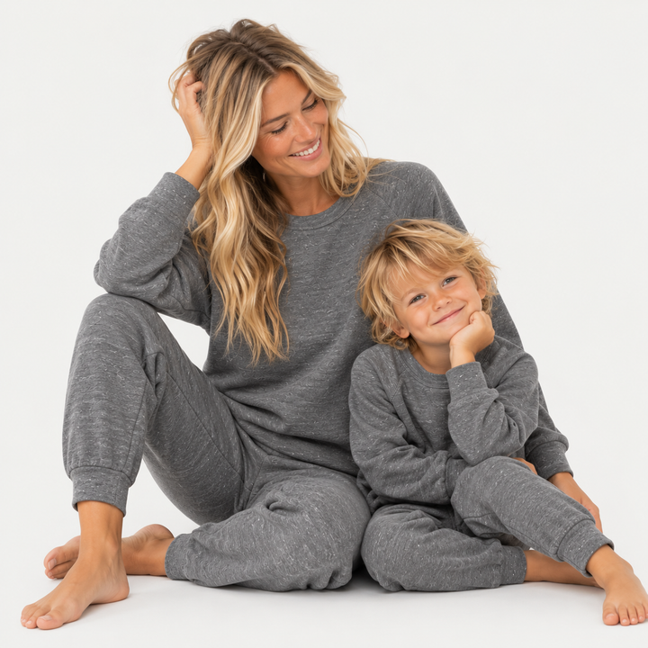 Mom wearing PAIGELAUREN Heathered Gray Vintage Fleece Sweatshirt and Sweatpant Set