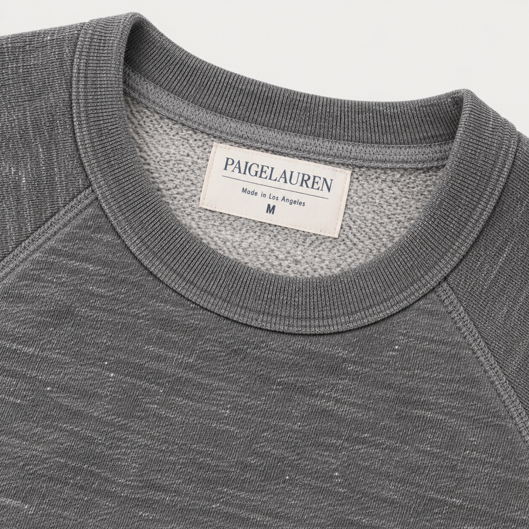 Heathered Gray Vintage Fleece sweatshirt neckline, raglan seams and soft fleece interior