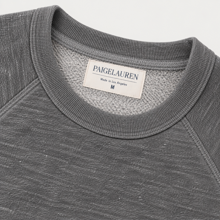 Heathered Gray Vintage Fleece sweatshirt neckline, raglan seams and soft fleece interior