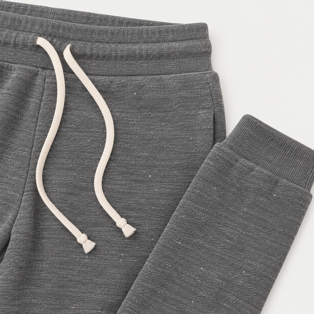 Heathered Gray Vintage Fleece sweatpant waistband, heathered texture and ankle cuff detail