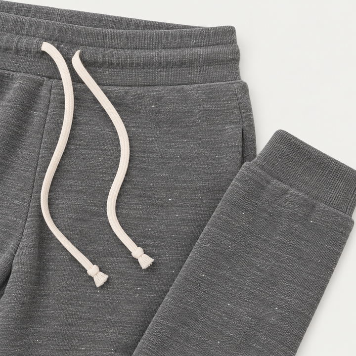 Heathered Gray Vintage Fleece sweatpant waistband, heathered texture and ankle cuff detail