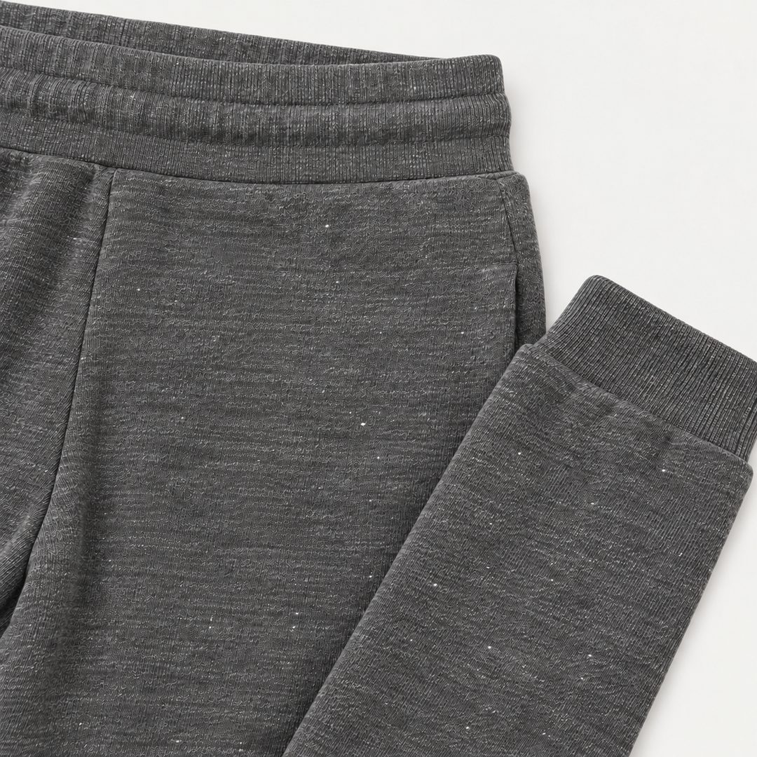 Heathered Gray Vintage Fleece sweatpant waistband, heathered texture and ankle cuff detail