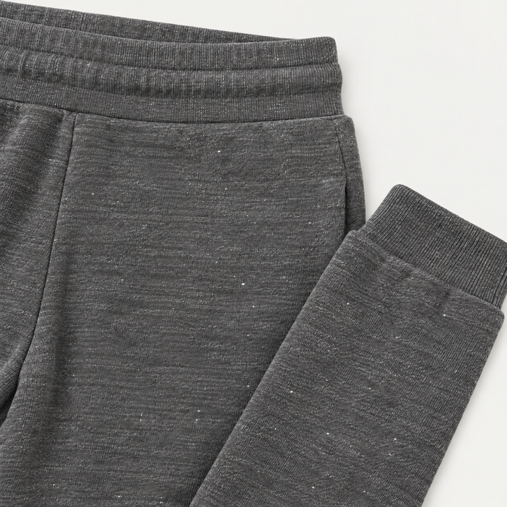 Heathered Gray Vintage Fleece sweatpant waistband, heathered texture and ankle cuff detail