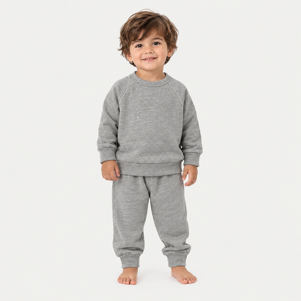 Toddler wearing PAIGELAUREN Heathered Gray Vintage Sherpa Sweatshirt and Sweatpant Set