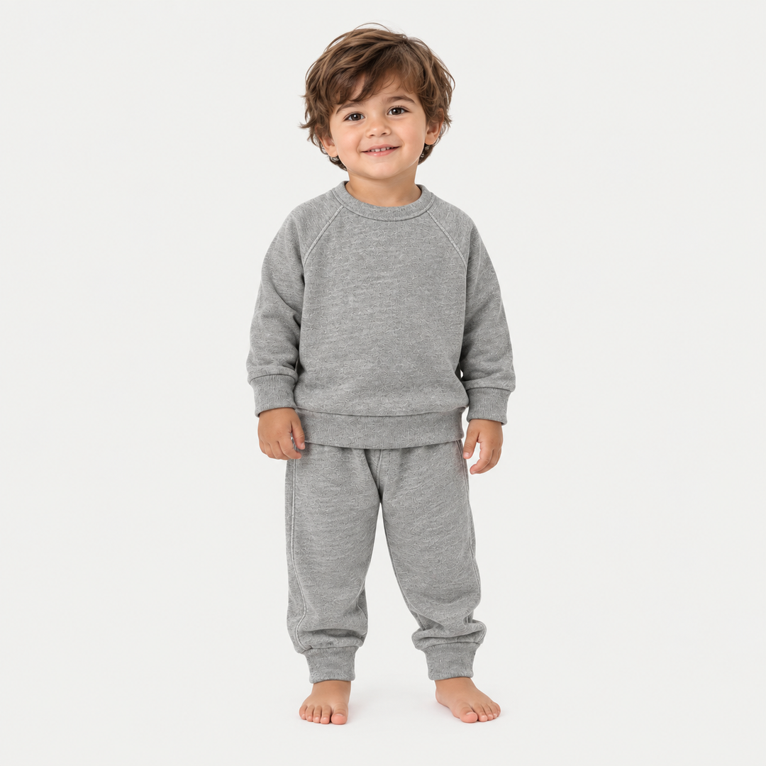 Toddler wearing PAIGELAUREN Heathered Gray Vintage Sherpa Sweatshirt and Sweatpant Set