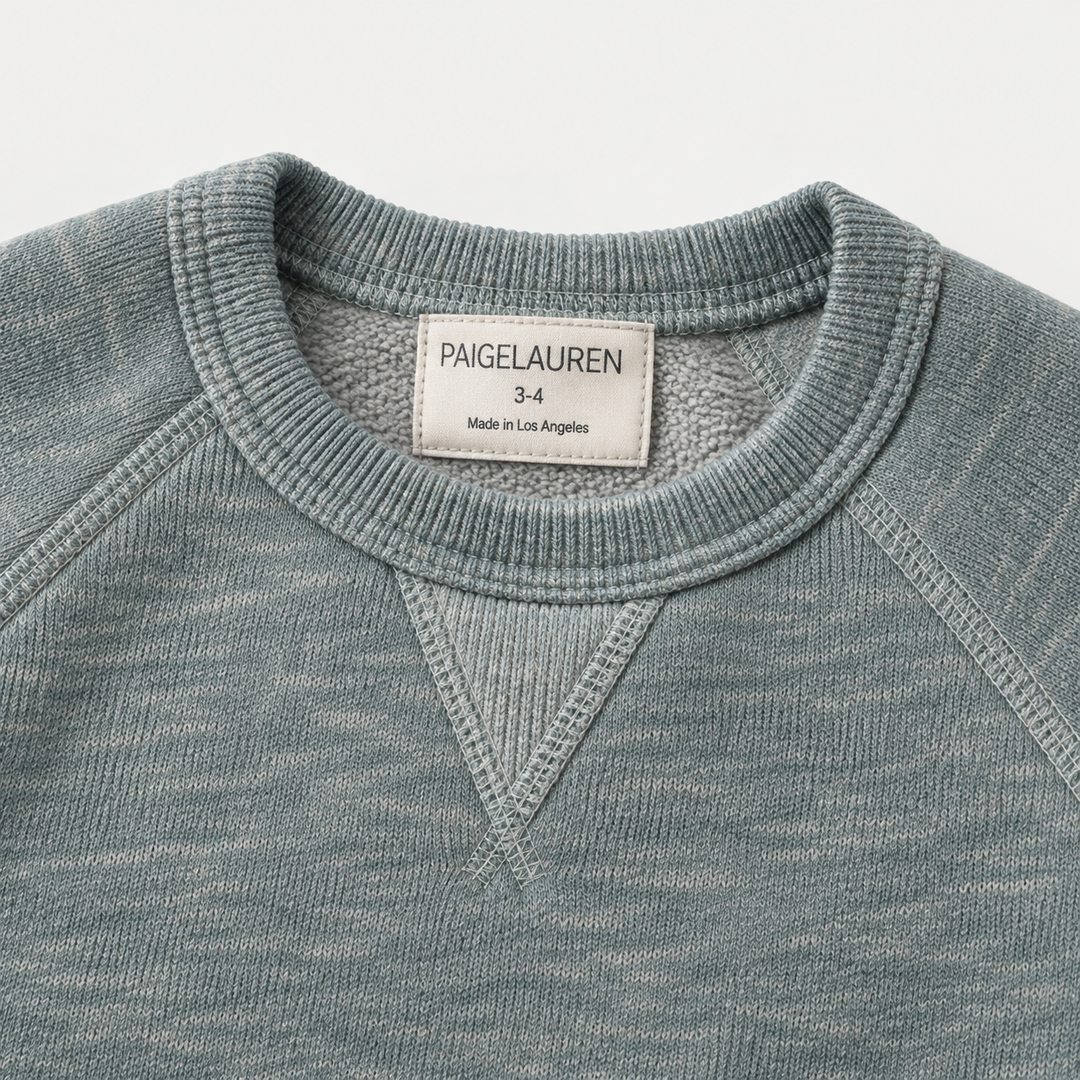 Heathered Green Vintage Sherpa sweatshirt neckline, raglan seams and triangle detail