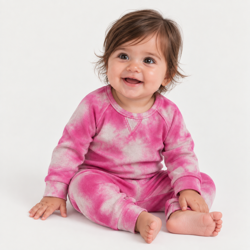 Baby wearing PAIGELAUREN Pink Heathered Marble Fleece Sweatshirt + Sweatpant Set