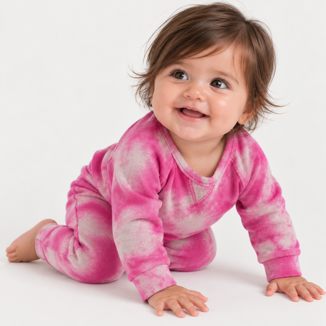 Baby modeling PAIGELAUREN Pink hand-dyed marble fleece sweatshirt and sweatpant set