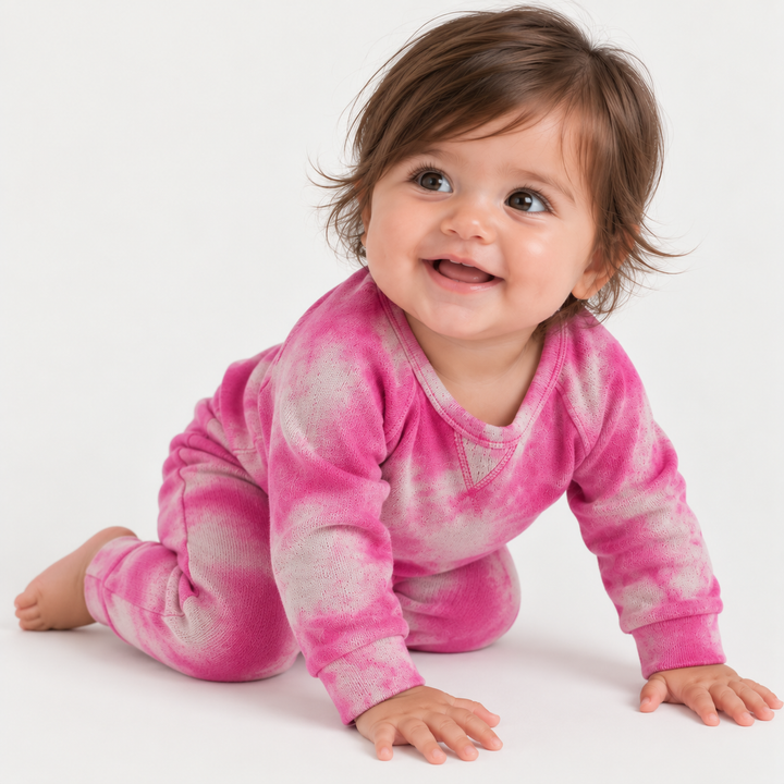 Baby modeling PAIGELAUREN Pink hand-dyed marble fleece sweatshirt and sweatpant set