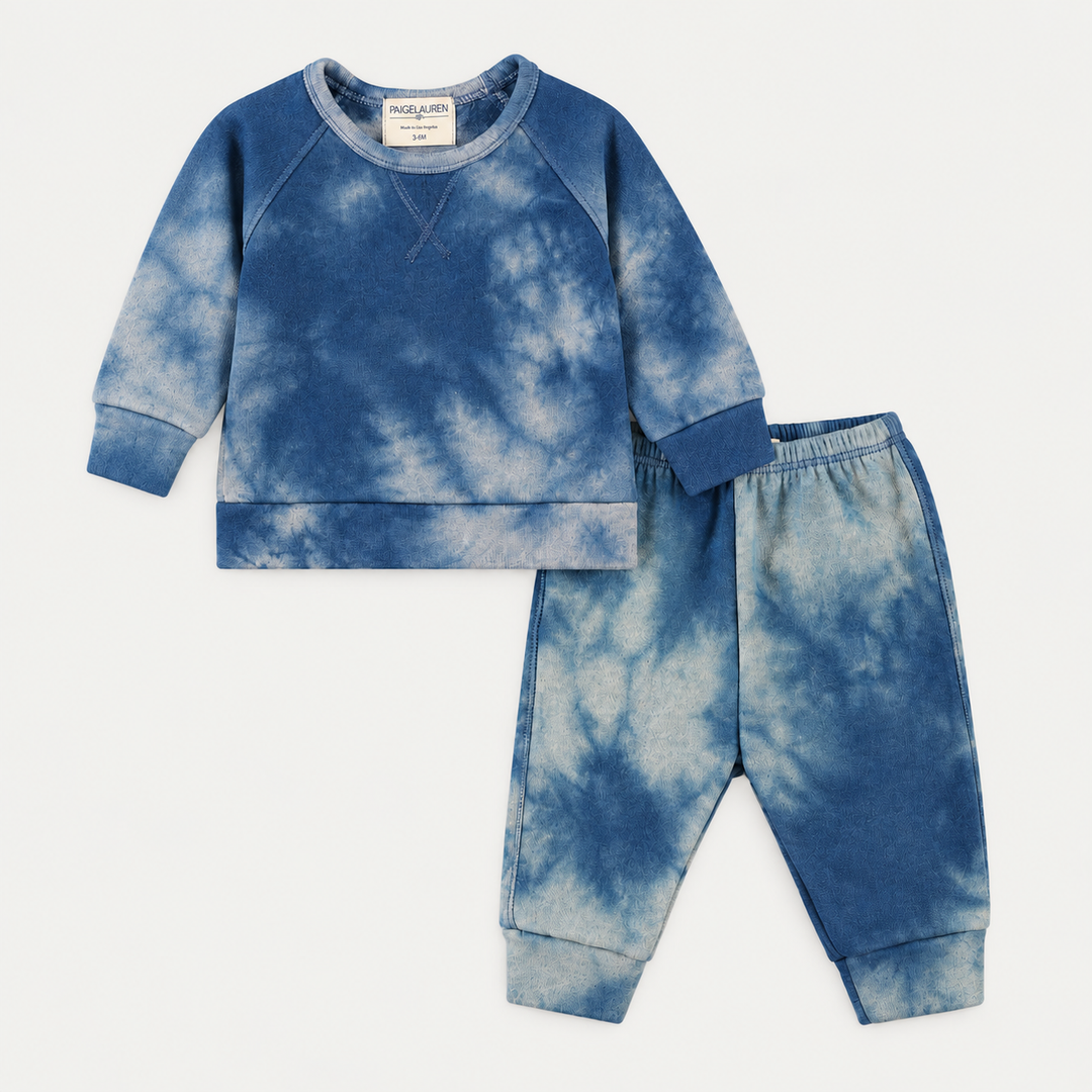 PAIGELAUREN Heathered Marble Fleece Sweatshirt + Sweatpant Set in Blue