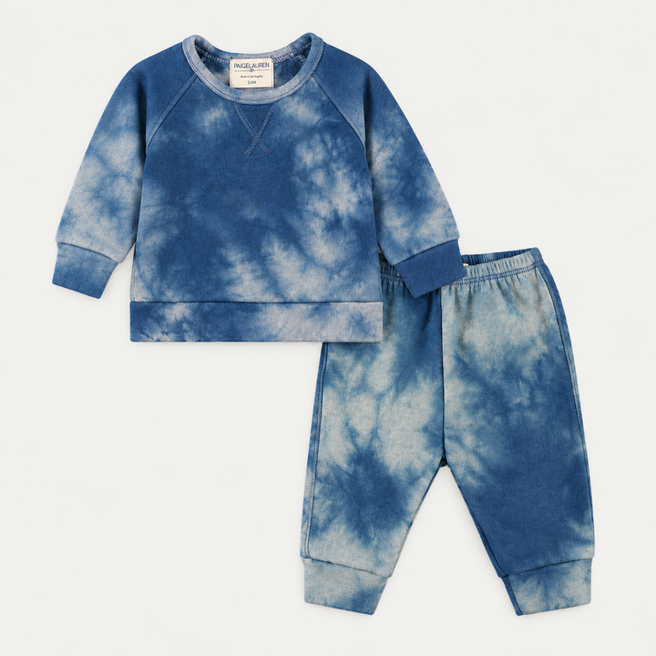 PAIGELAUREN Heathered Marble Fleece Sweatshirt + Sweatpant Set in Blue