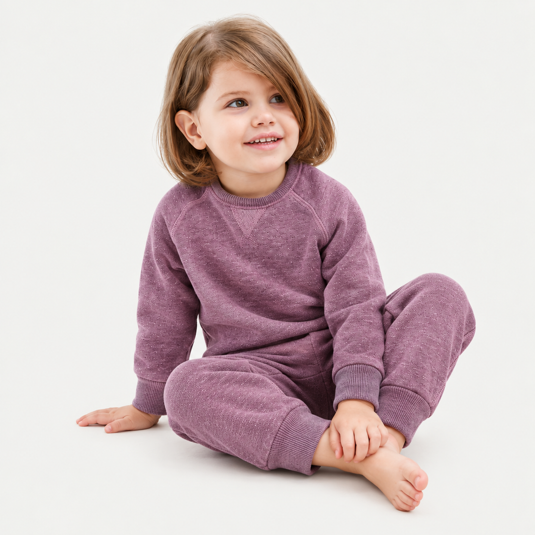PAIGELAUREN Heathered Pink Vintage Sherpa sweatshirt and sweatpant set on toddler