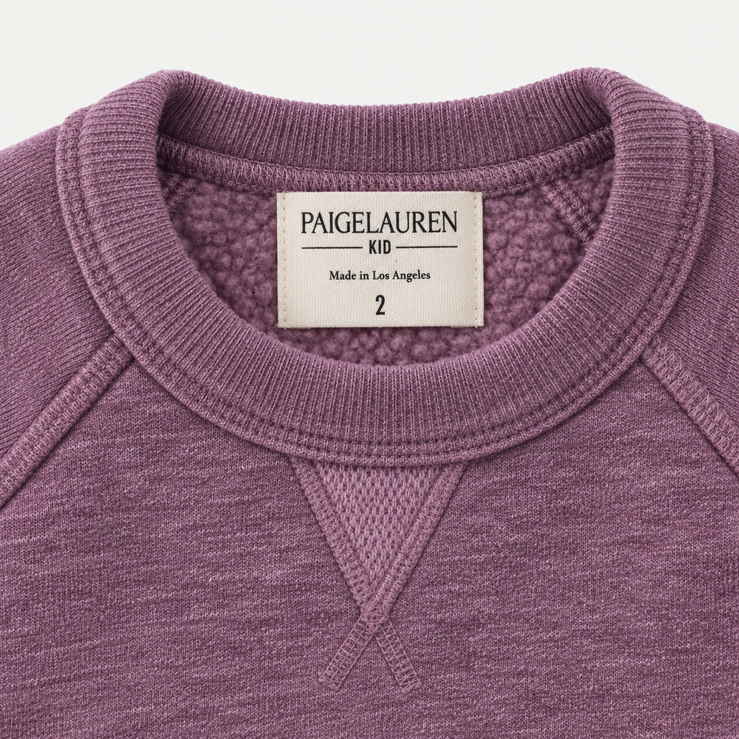 Heathered Pink Vintage Sherpa sweatshirt neckline, raglan seams and triangle detail