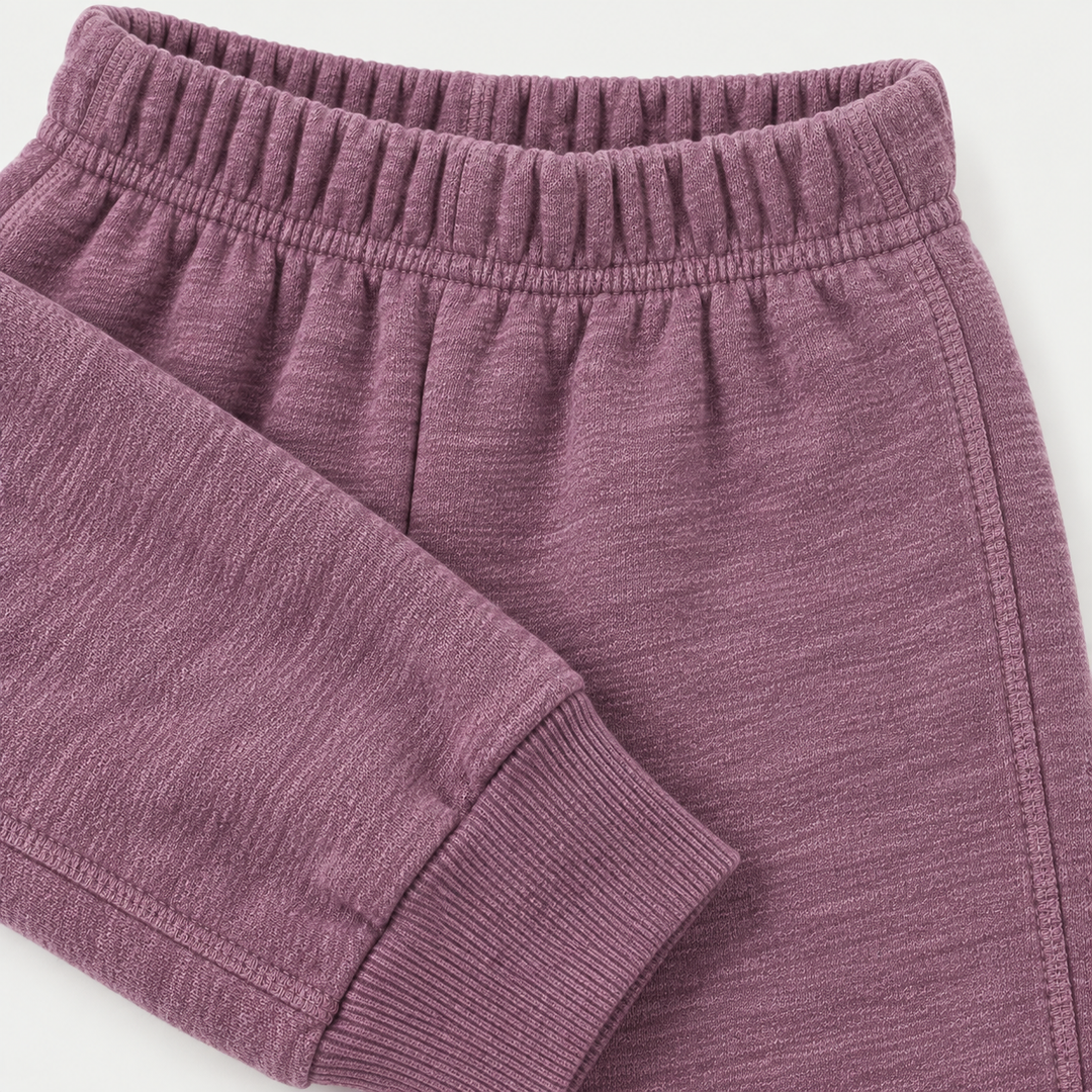 Heathered Pink Vintage Sherpa sweatpant elastic waistband, fabric and ribbed cuff detail