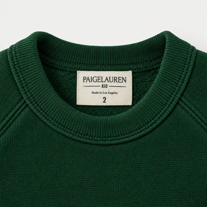 Hunter Green fleece sweatshirt ribbed neckline and raglan seam detail