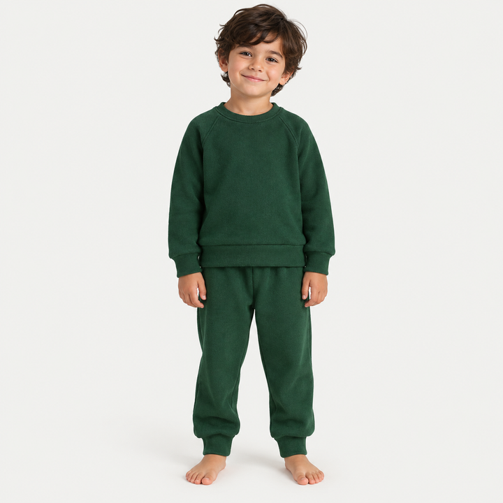 Boy wearing PAIGELAUREN Hunter Green Fleece Sweatshirt and Sweatpant Set