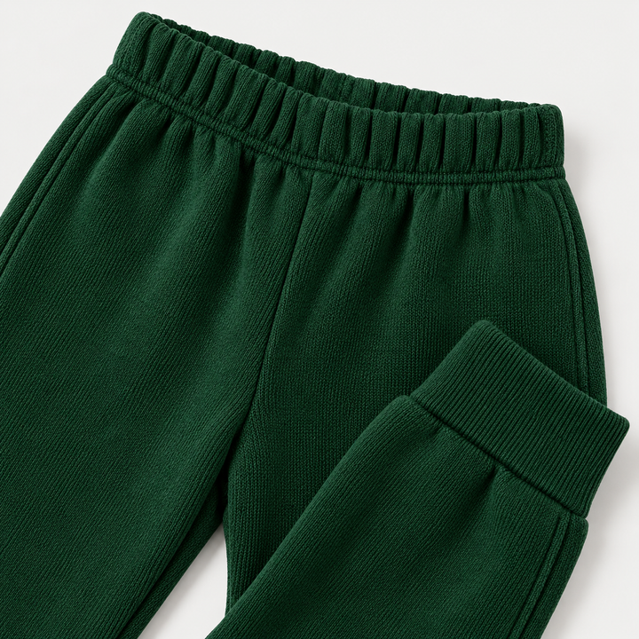 Hunter Green fleece sweatpant elastic waistband and ribbed cuff detail