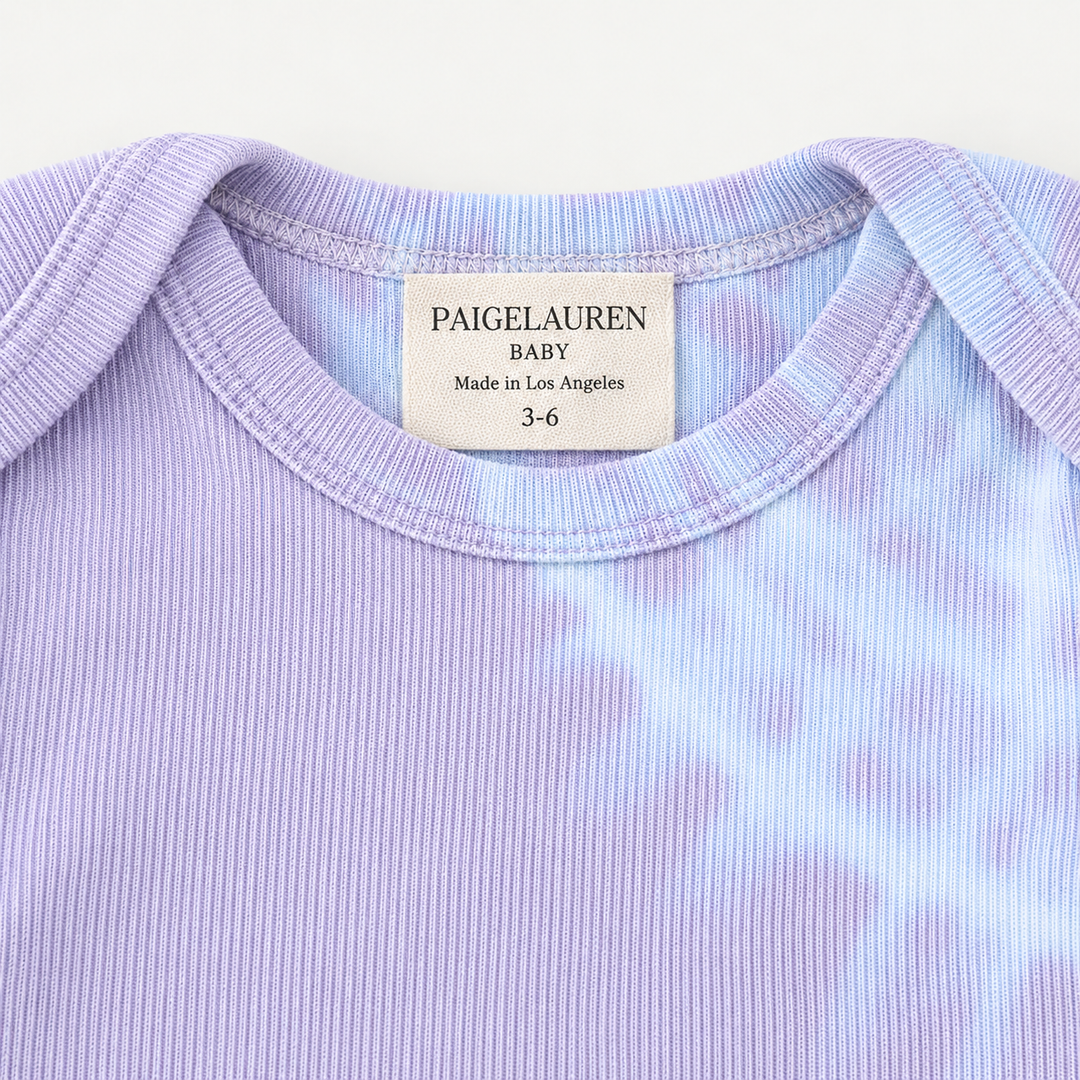 PAIGELAUREN Lavender Blue Tie Dye Ribbed Lap Tee envelope neckline and label detail