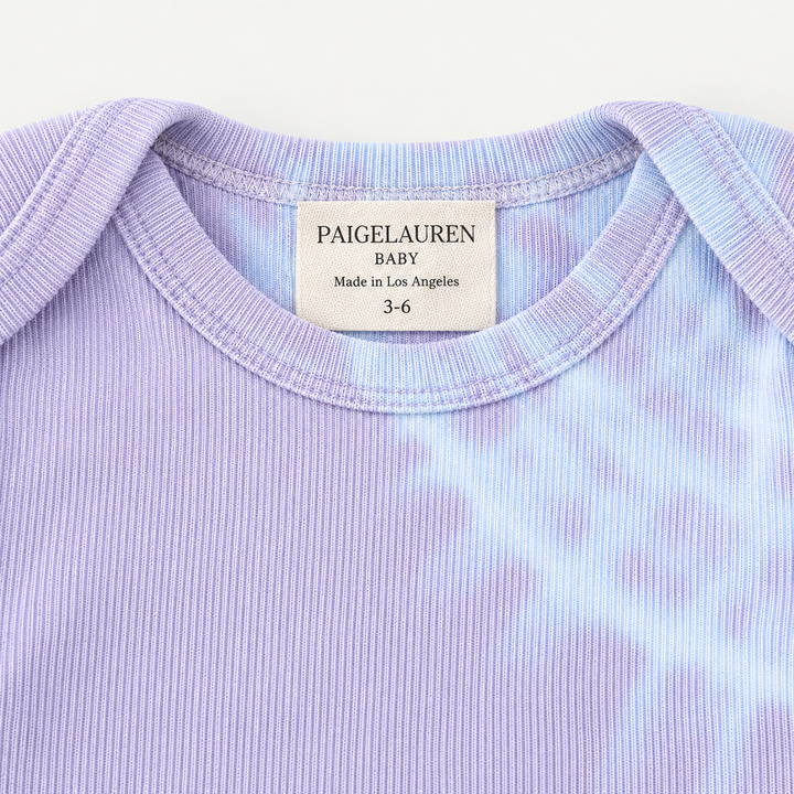 PAIGELAUREN Lavender Blue Tie Dye Ribbed Lap Tee envelope neckline and label detail
