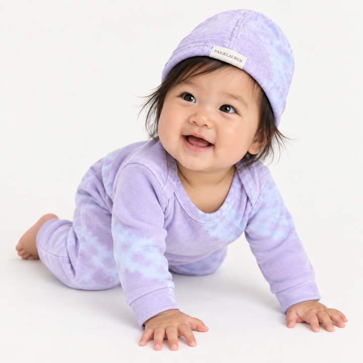 Baby wearing PAIGELAUREN Lavender Blue Tie Dye Ribbed Lap Tee and Legging Set