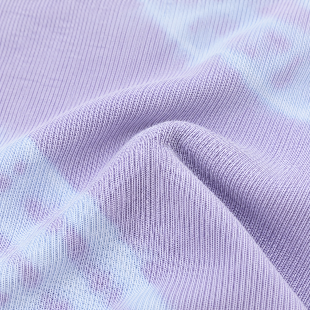 Close-up of PAIGELAUREN fine ribbed knit in Lavender Blue Tie Dye