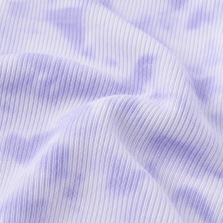 Close-up of PAIGELAUREN Lavender Marble 2x1 Rib fabric and hand-dyed texture