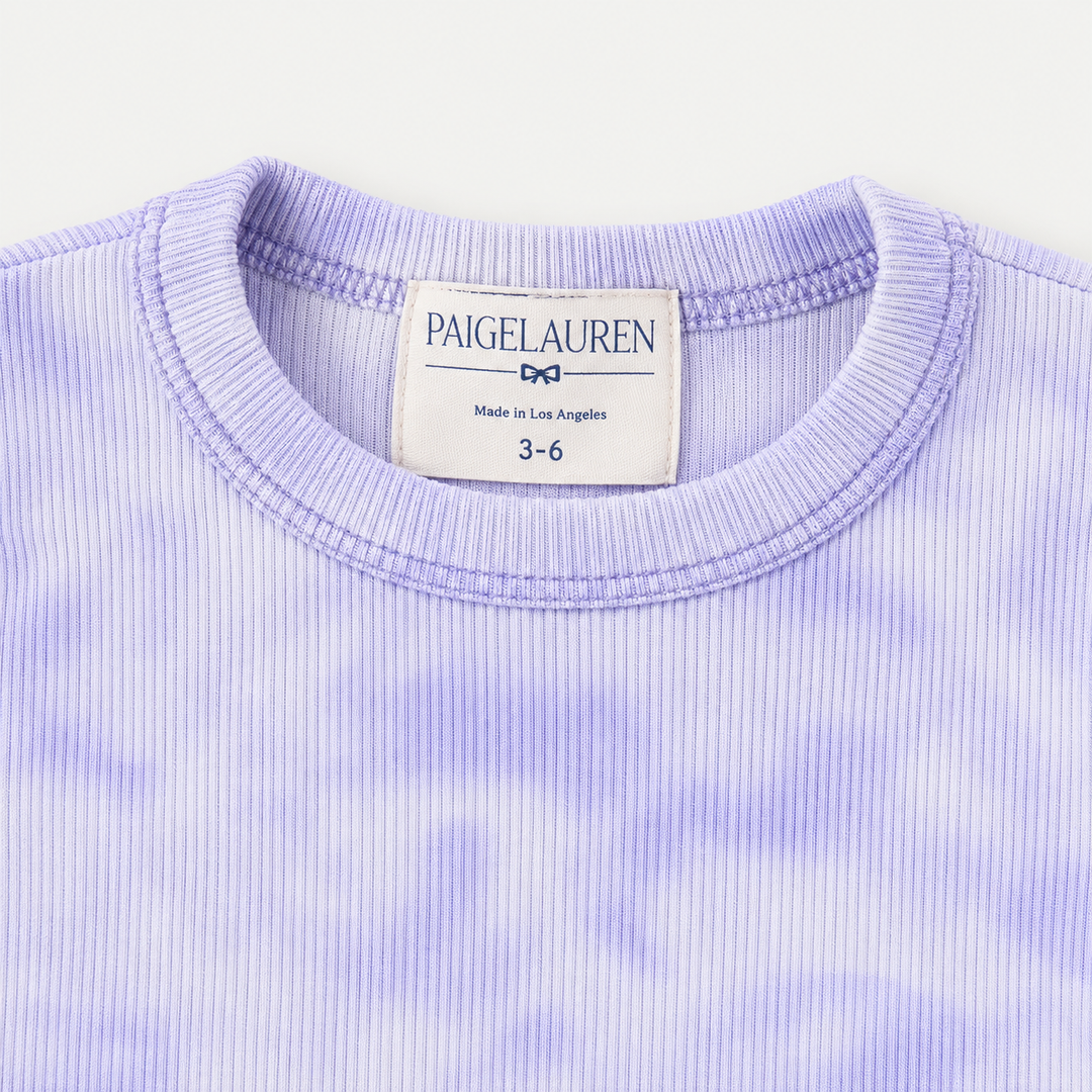PAIGELAUREN Lavender Marble 2x1 Rib Tee neckline and label detail