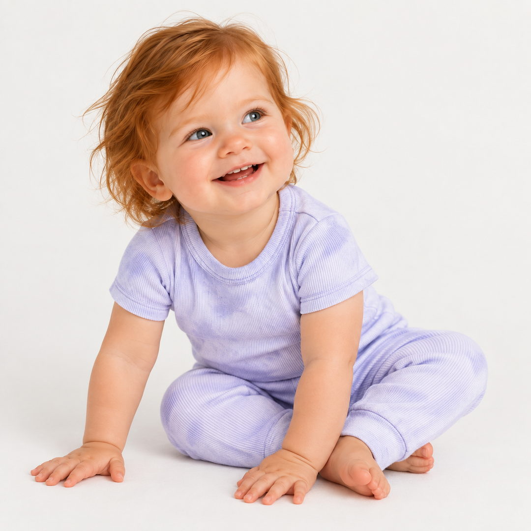 Baby wearing PAIGELAUREN Lavender Marble 2x1 Rib Tee + Legging Set