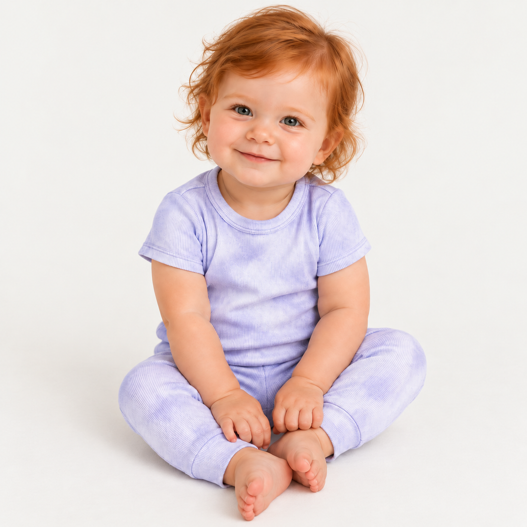 Baby in PAIGELAUREN Lavender Marble 2x1 Rib Tee + Legging Set