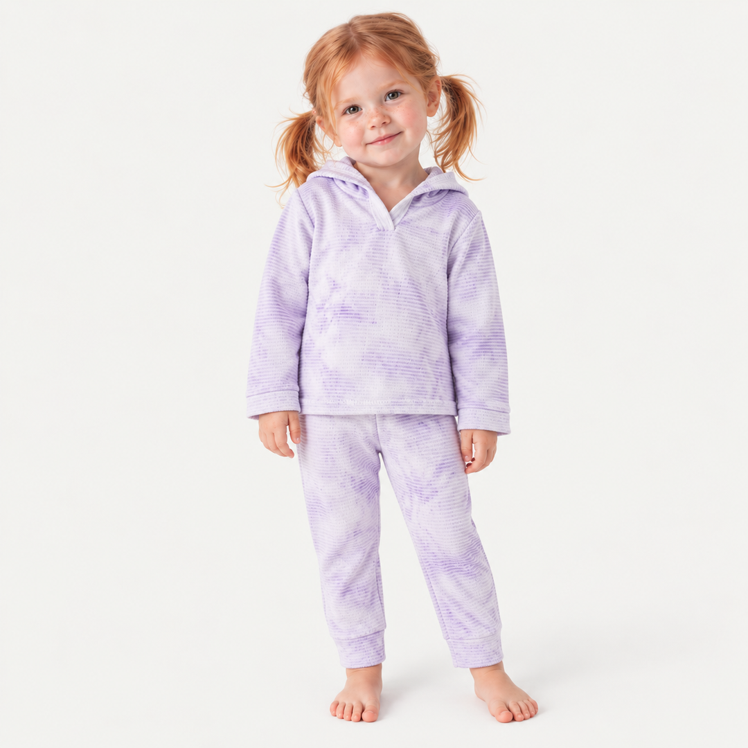 Toddler wearing PAIGELAUREN Lavender Marble Rib Hoodie + Legging Set