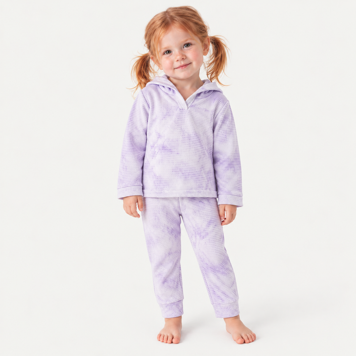 Toddler wearing PAIGELAUREN Lavender Marble Rib Hoodie + Legging Set