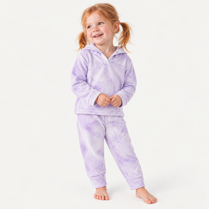 Toddler modeling PAIGELAUREN Lavender Marble Rib Hoodie + Legging Set