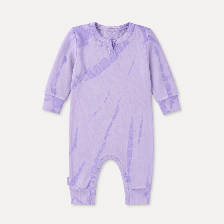 PAIGELAUREN Lavender Ribbed Tonal Tie Dye Henley Romper made in Los Angeles.
