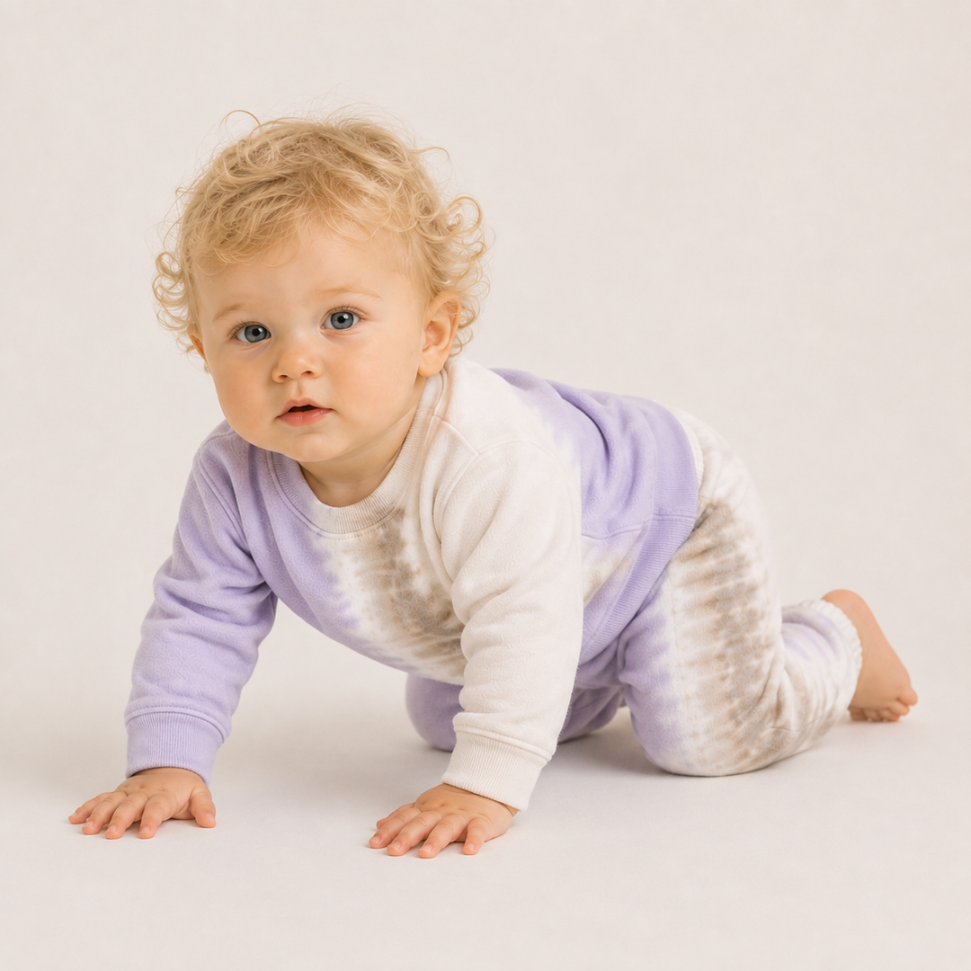 PAIGELAUREN baby wearing lavender and cream tie dye sweatshirt and pant set, crawling lifestyle view