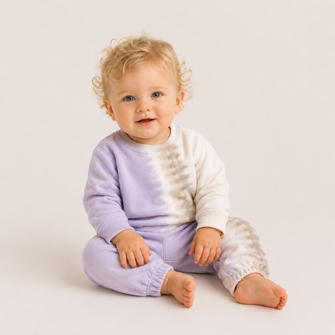 PAIGELAUREN baby wearing lavender and cream tie dye sweatshirt and pant set, sitting lifestyle view