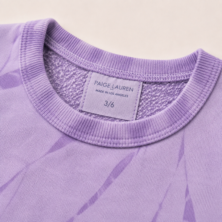PAIGELAUREN Lavender Tonal Dye fleece sweatshirt neckline and label detail