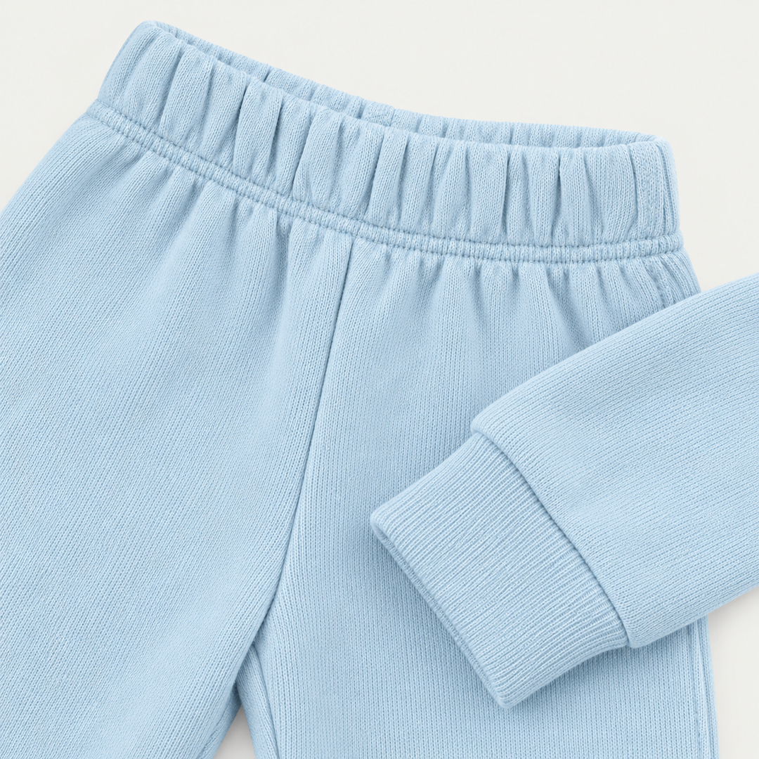 Light Blue fleece sweatpant elastic waistband and ribbed cuff detail