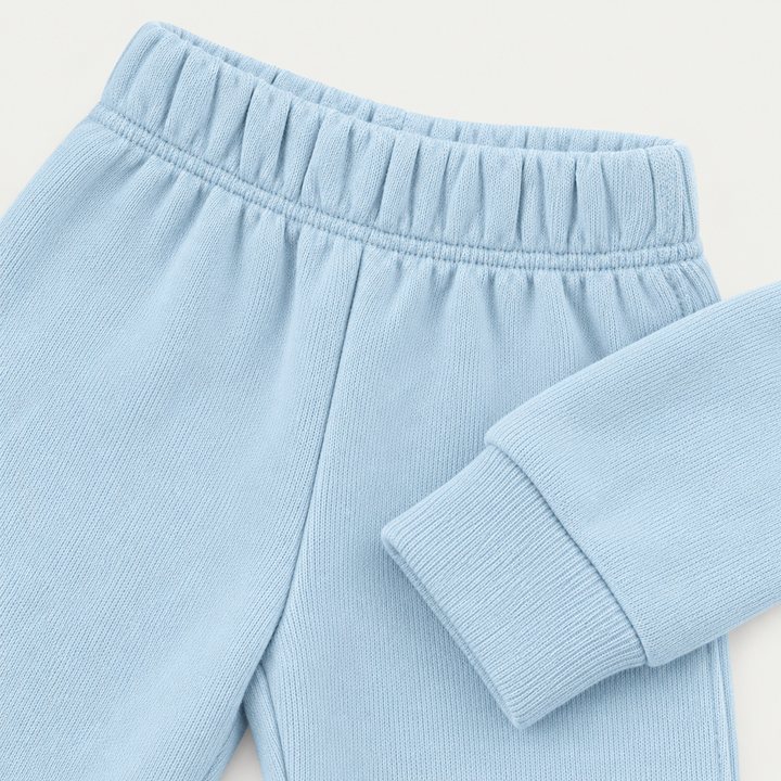 Light Blue fleece sweatpant elastic waistband and ribbed cuff detail
