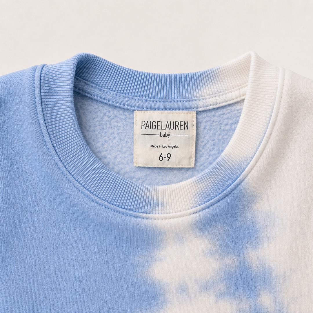 Detail of the Super Soft Fleece Tie Dye Sweatshirt in Light Blue Tie Dye