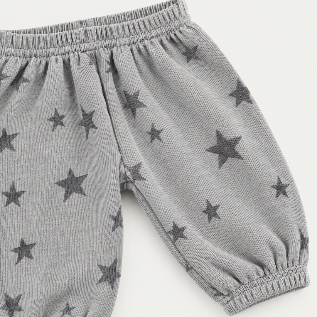 PAIGELAUREN Light Gray Star Fleece Baggy Pant waistband, seam and ankle detail
