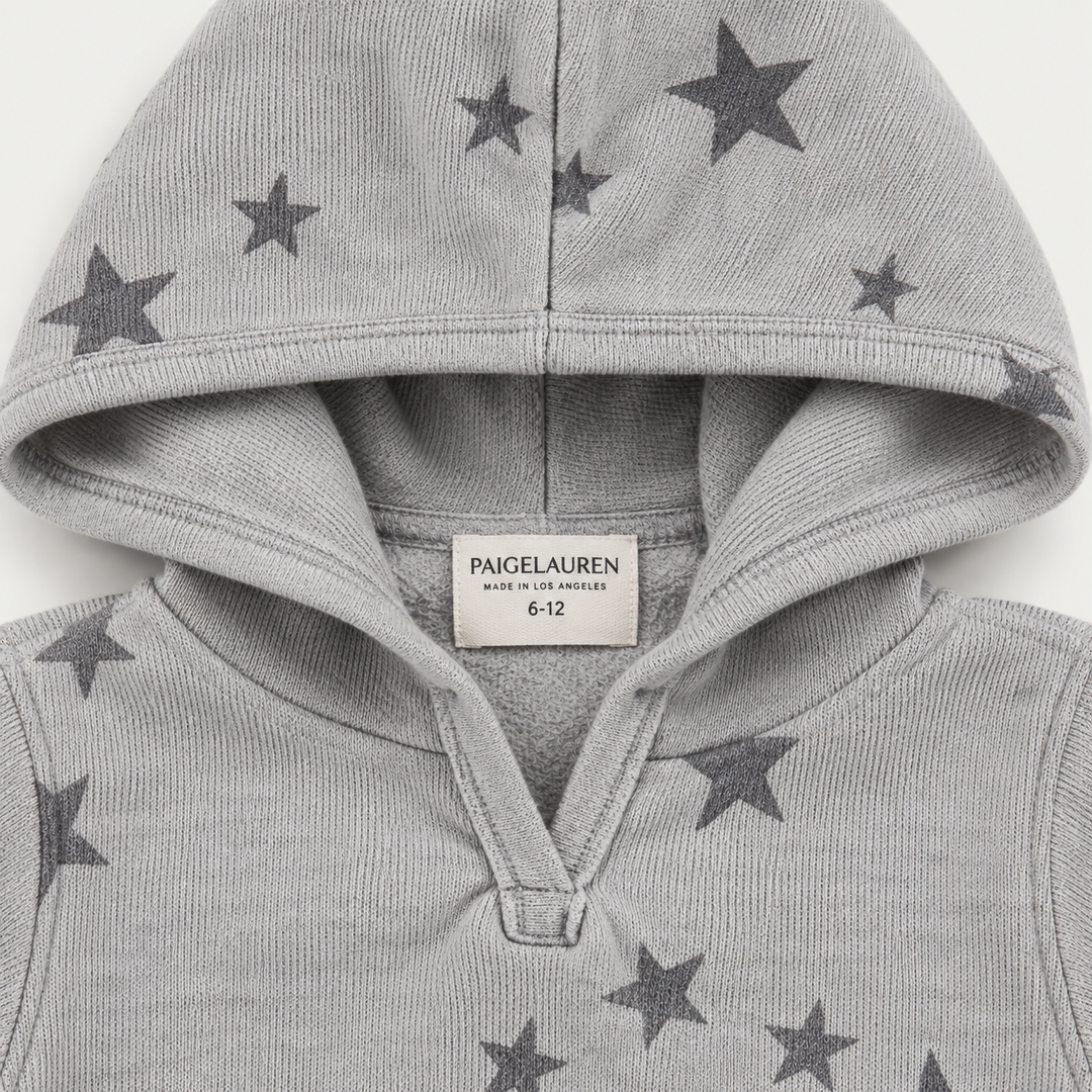 PAIGELAUREN Light Gray Star Fleece Hoodie neck, hood and label detail