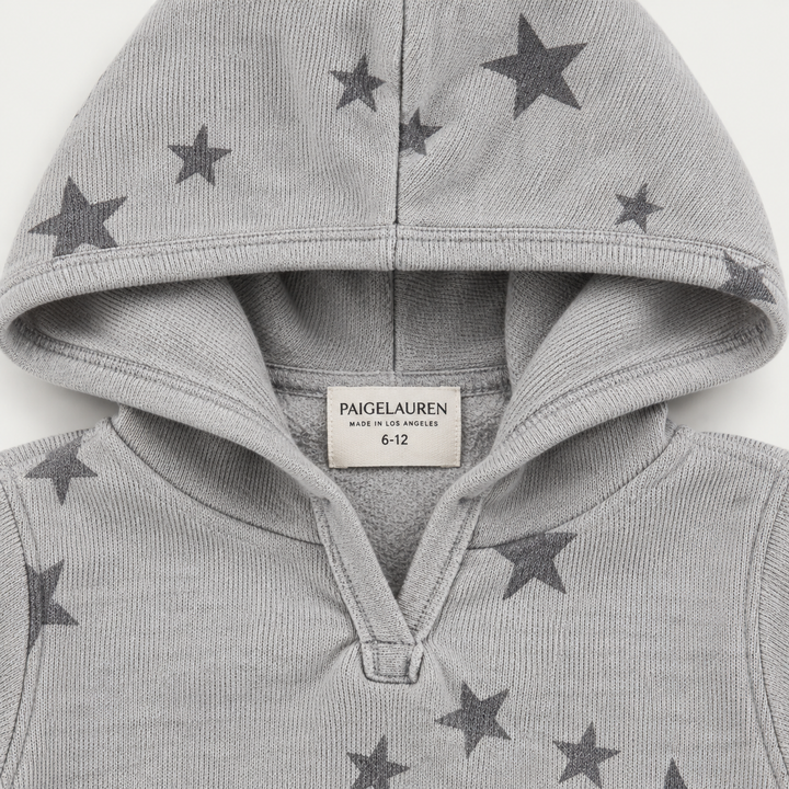 PAIGELAUREN Light Gray Star Fleece Hoodie neck, hood and label detail