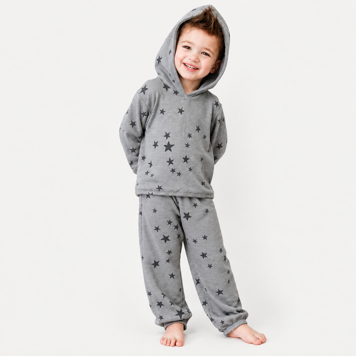 Boy wearing PAIGELAUREN Light Gray Star Fleece Hoodie and Baggy Pant Set