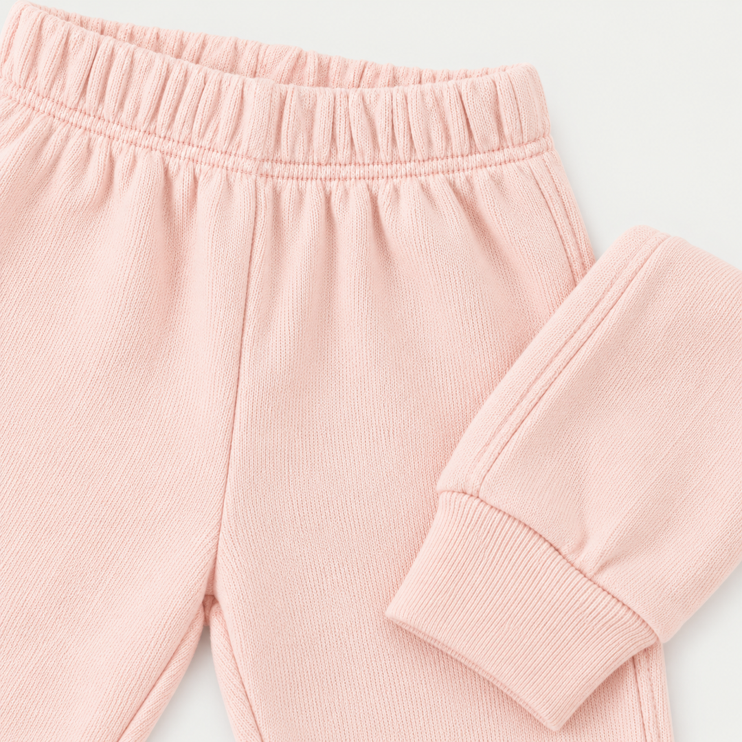Light Pink fleece sweatpant elastic waistband and ribbed cuff detail