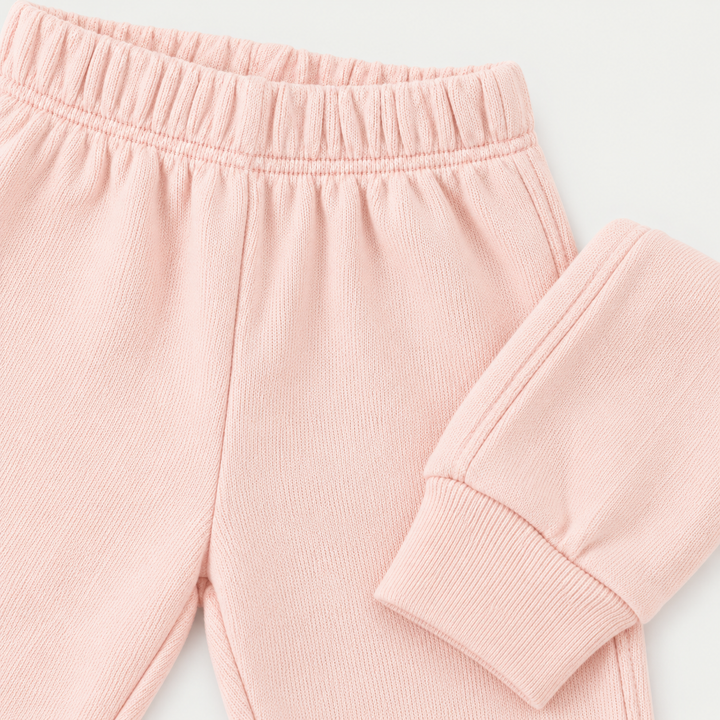 Light Pink fleece sweatpant elastic waistband and ribbed cuff detail