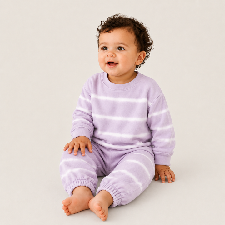 Baby wearing PAIGELAUREN Lilac Hand Dyed Stripe Rib Pullover and Pant Set