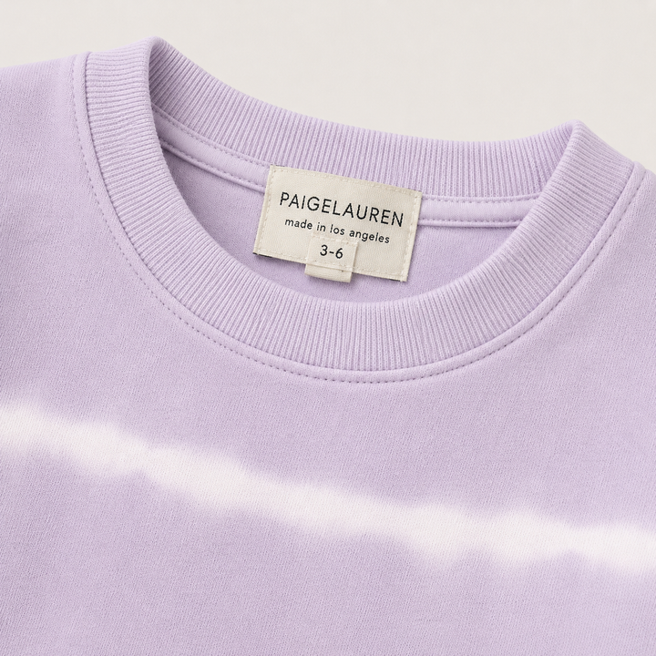 PAIGELAUREN Lilac Hand Dyed Stripe Rib Pullover neck and label detail