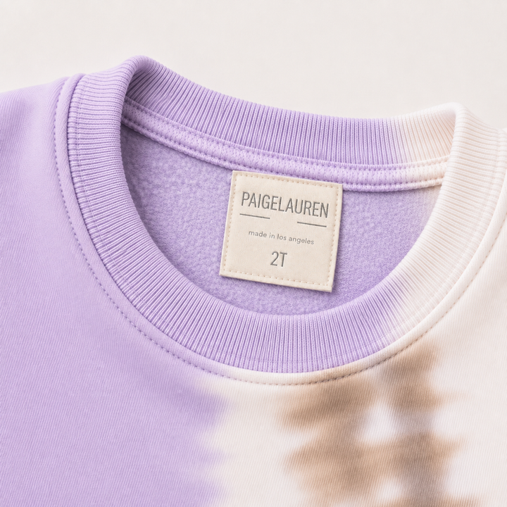 Detail of the Super Soft Fleece Tie Dye Sweatshirt in Lilac Tie Dye