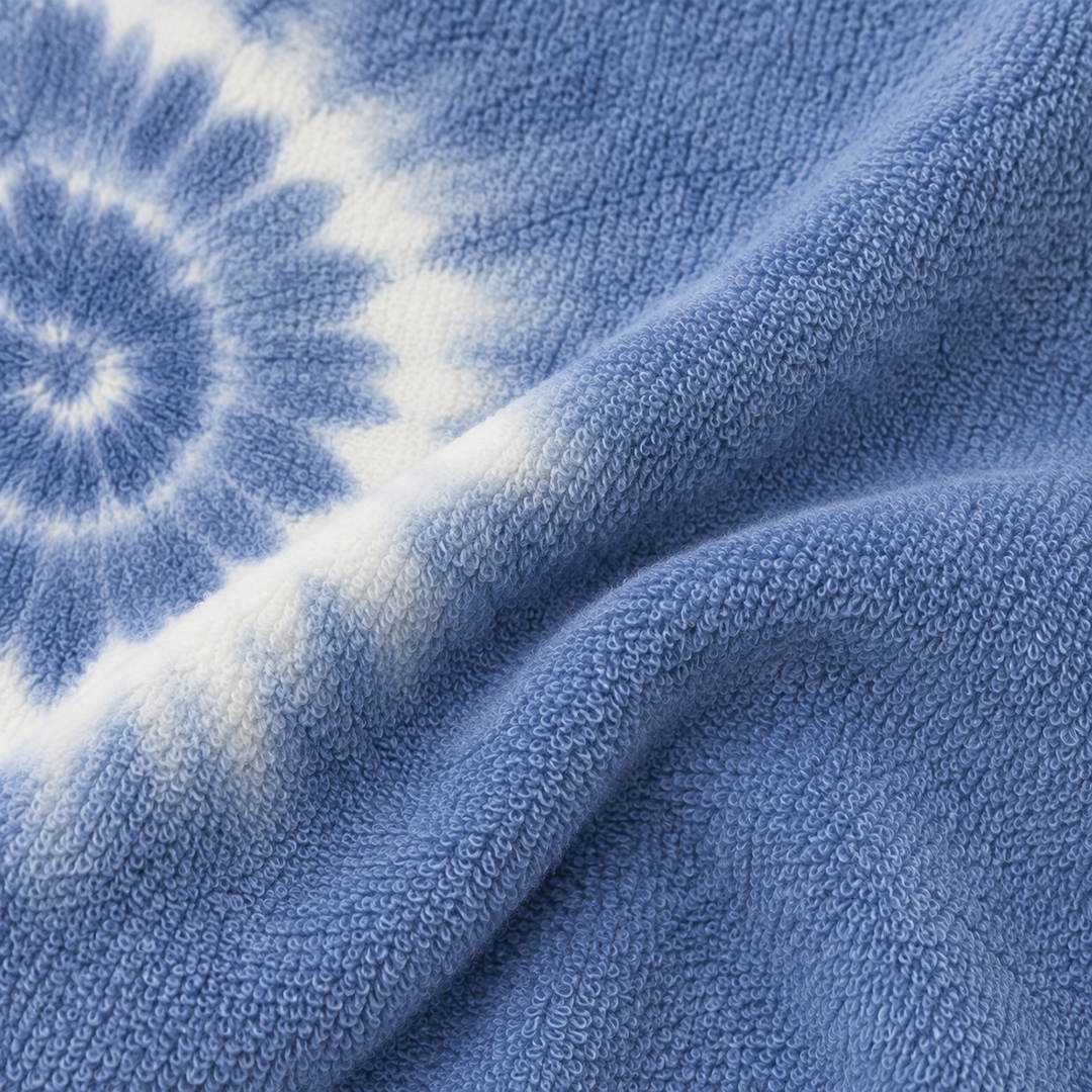 Close-up of PAIGELAUREN Blue Tie Dye loop terry fabric texture